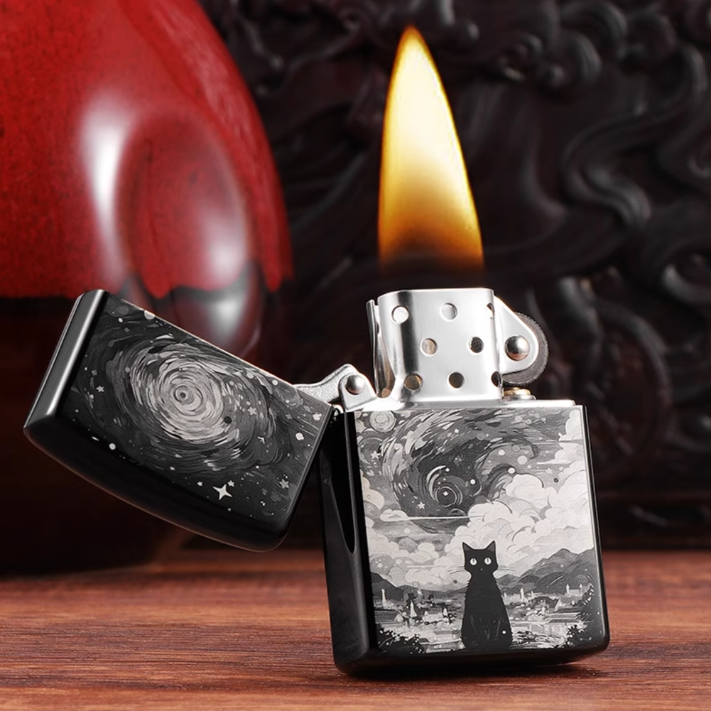 Starry Night Black Cat Flint Lighters